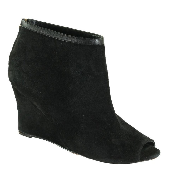 ANN TAYLOR Open Toe Booties Boots Peeptoe Heels Sz. 8.5 M Black Suede Leather - Picture 2 of 7